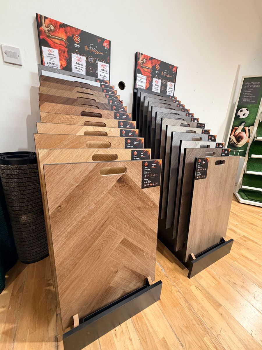 Alva herringbone LVT sample boards on display in the Glasgow showroom