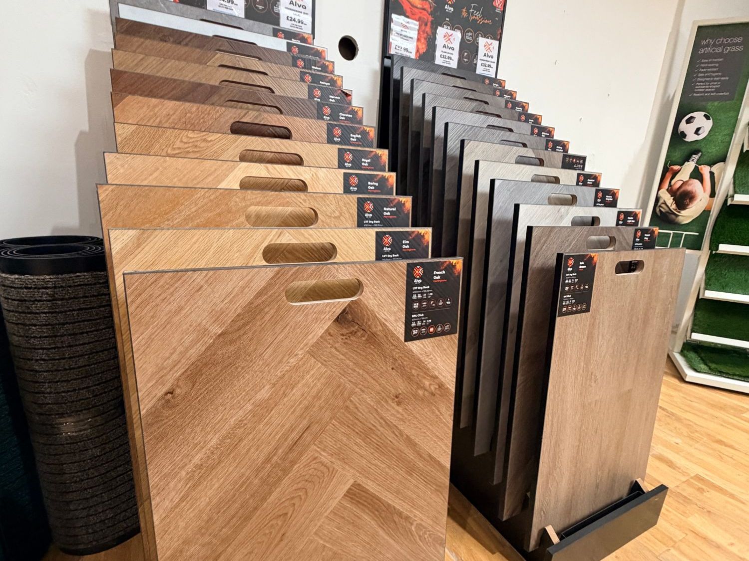 Alva herringbone LVT and SPC sample boards at N & P Flooring Glasgow