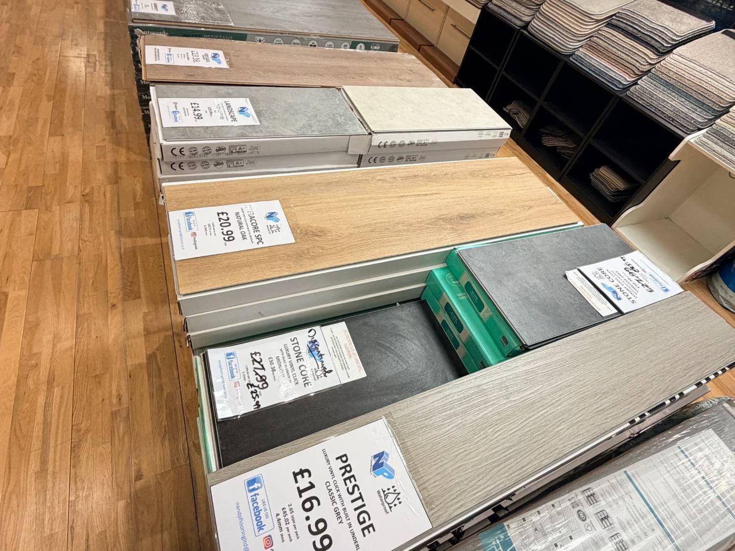 Laminate and LVT flooring displays with prices at N & P Flooring Glasgow