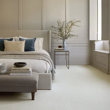 Aurora Linen carpet in a bedroom