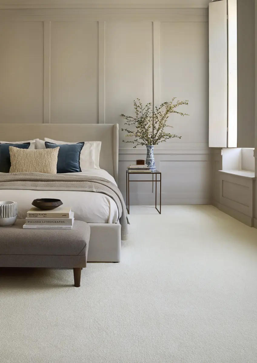 Aurora Linen carpet in a bedroom